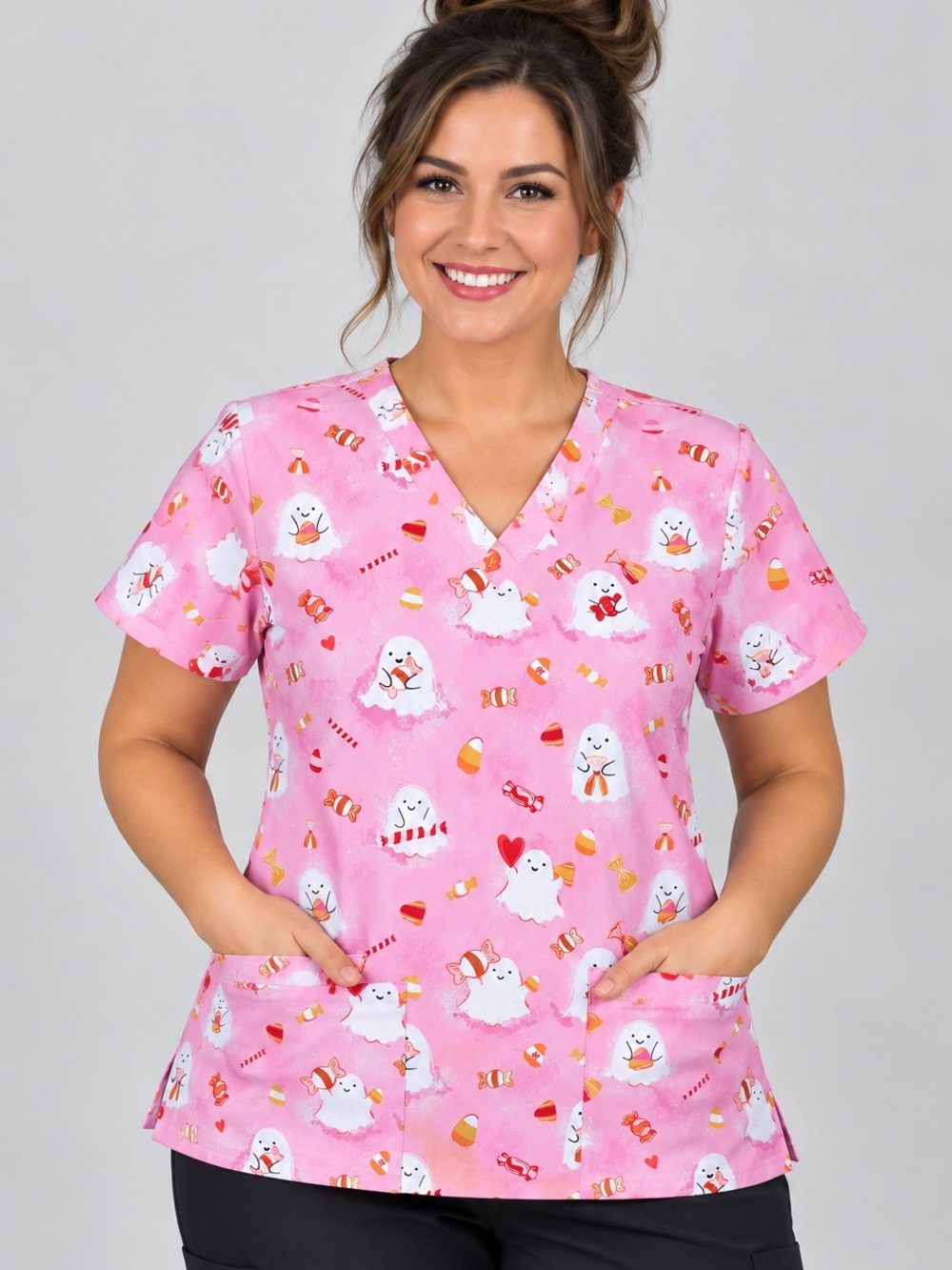 Women’s Small GT Performance Pink Ghost Halloween Print Scrub Top
